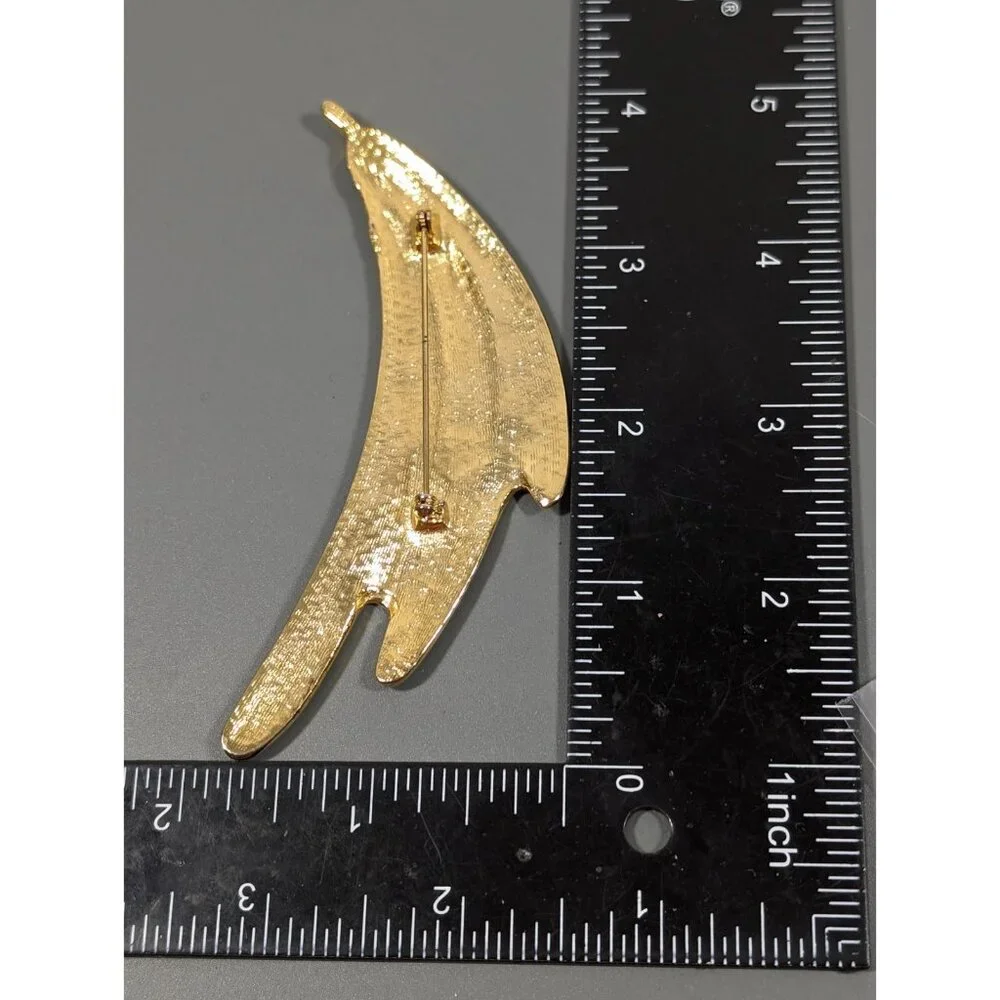 Vintage Large Gold Tone Textured‎ Abstract Swoosh Brooch Modernist